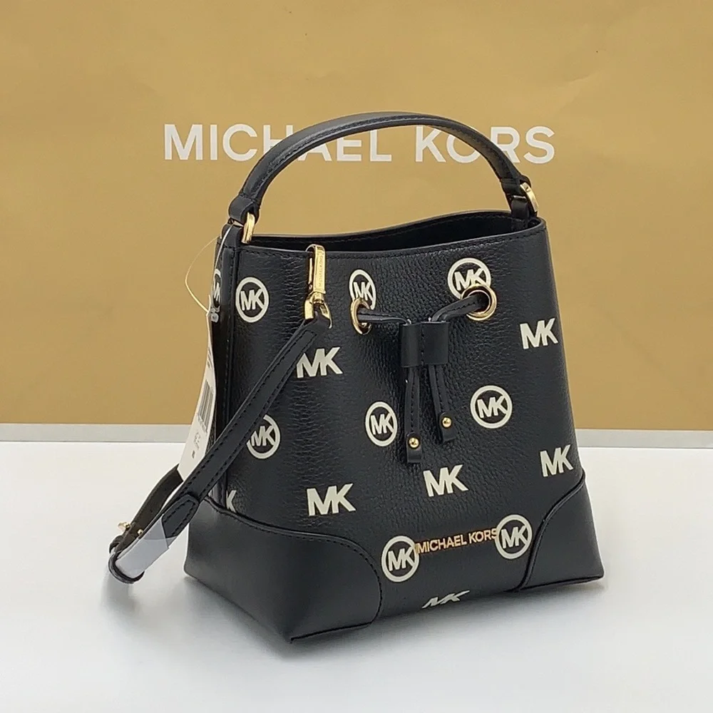 MICHAEL KORS Mercer Small Logo Embossed Leather Bucket Bag COLOR BLACK